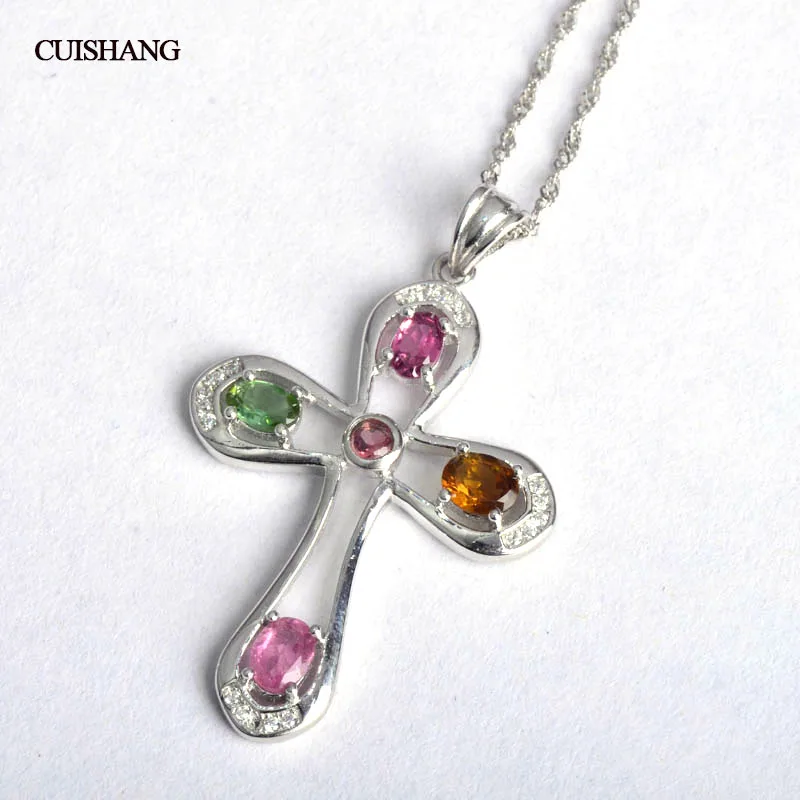 

CSJ Natural fancy tourmaline multicolor gemstone 925 sterling silver jewelry Necklaces&Pendant fine wedding Jewelry for women