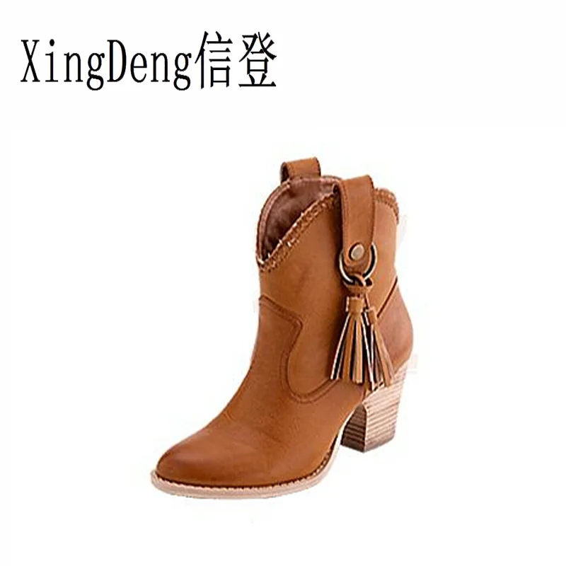 

XingDeng Brand New Fashion Womens Chunky High Heels Tassel Ankle Boots Pointed Toe Shoes Woman Platform Western Autumn Boots