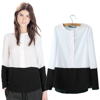 

2015 fall and winter clothes new European style blusa chiffon hit color spell color long-sleeved blouses & shirts roupa feminina