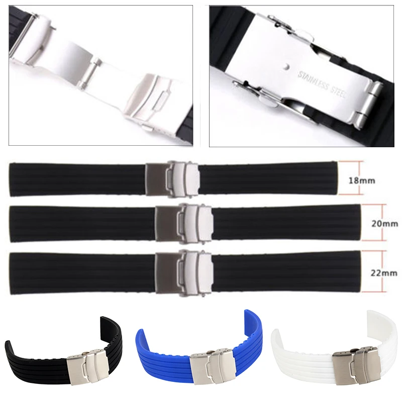 20mm 22mm reloj hombre Silicone Rubber Watch Strap Deployment Buckle Waterproof Band Sport Wrist Sweatband Watch Straps Band