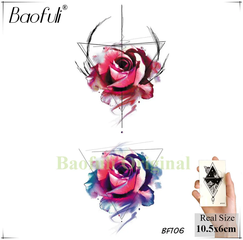 Baofuli Акварельная живопись цветок художественные татуировки вспышка треугольник Роза временный якорь КИТ галактика поддельные татуировки сексуальное тело рука шеи
