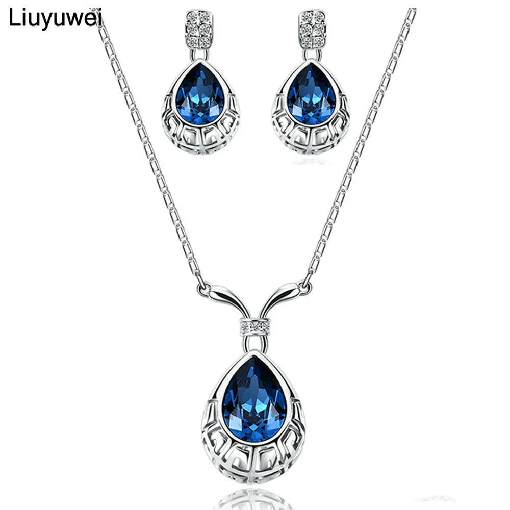 

Liuyuwei Blue Jewelry Sets Water Drop Crystal Necklaces Earrings for Women Silver Color Weeding Party Lover Jewelry Gift