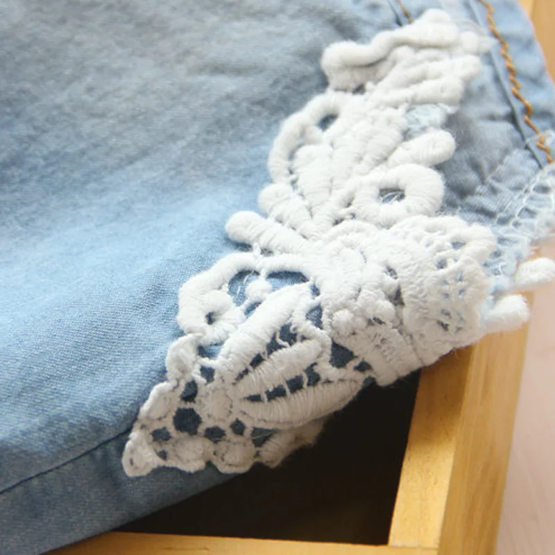 Hot Summer Fashion 2 3 4 6 8 10 12 Years Children Cotton Baby Lace Edges Patchwork Jeans Kids Girls Denim Blue Shorts