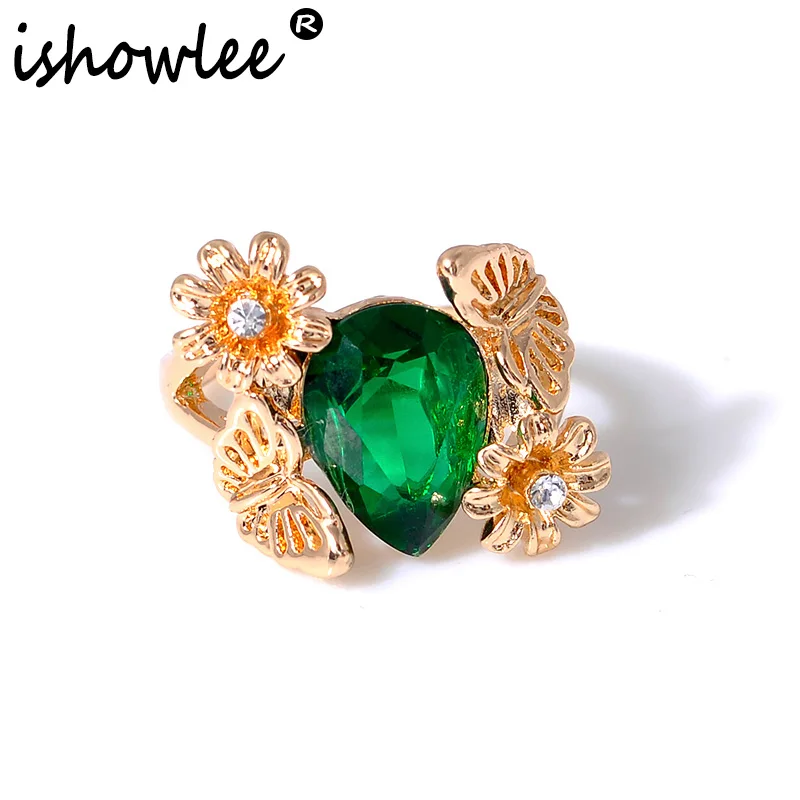 

ISHOWLEE Large Green Crystal Heart Flower Rings with Stones Gold Butterfly $ Sunflower Rings Fashion 2019 Women Jewelry jzb24