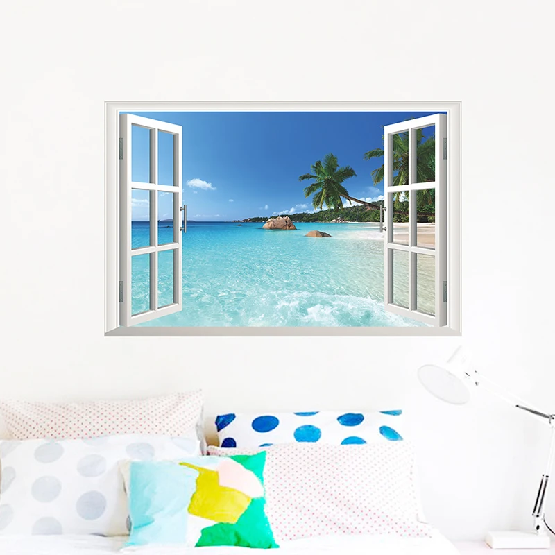 Coconut Tree Ocean Beach 3D Fake Window Wall Stickers Living Room Decoration Home DIY Sea Landscape Mural Wall Art PVC Poster
