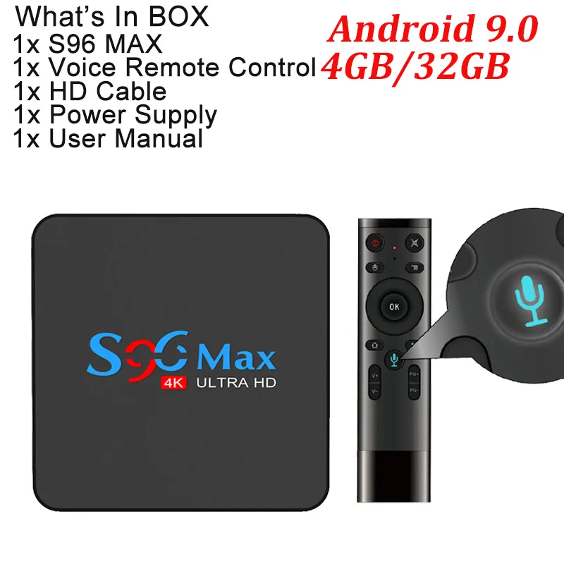 S96 MAX Android 9,0 ТВ приставка 4 Гб ОЗУ 32 Гб Смарт медиаплеер RK3318 Четырехъядерный 4k HDR телеприставка USB 3,0 BT 5G wifi PK X96 - Цвет: TV BOX Voice remote