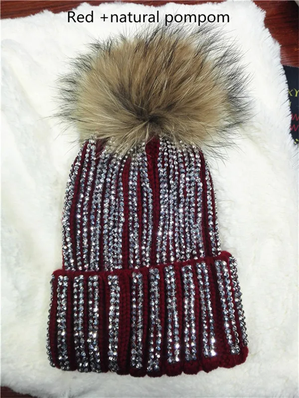 KNB013 съемные зимние теплые меховые шапки с помпонами, вязаные женские шапки ручной работы в полоску со стразами, шапки Skullies Beanie с меховым помпоном 15 см - Цвет: red with natural pom