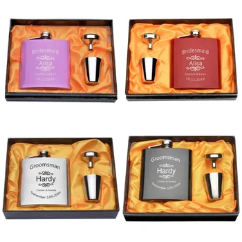

Personalized Engraved 6oz Hip Flask Set Stainless Steel Funnel Gift Box +2 Cups Bride Groom Best Man Usher Wedding Decor Favor