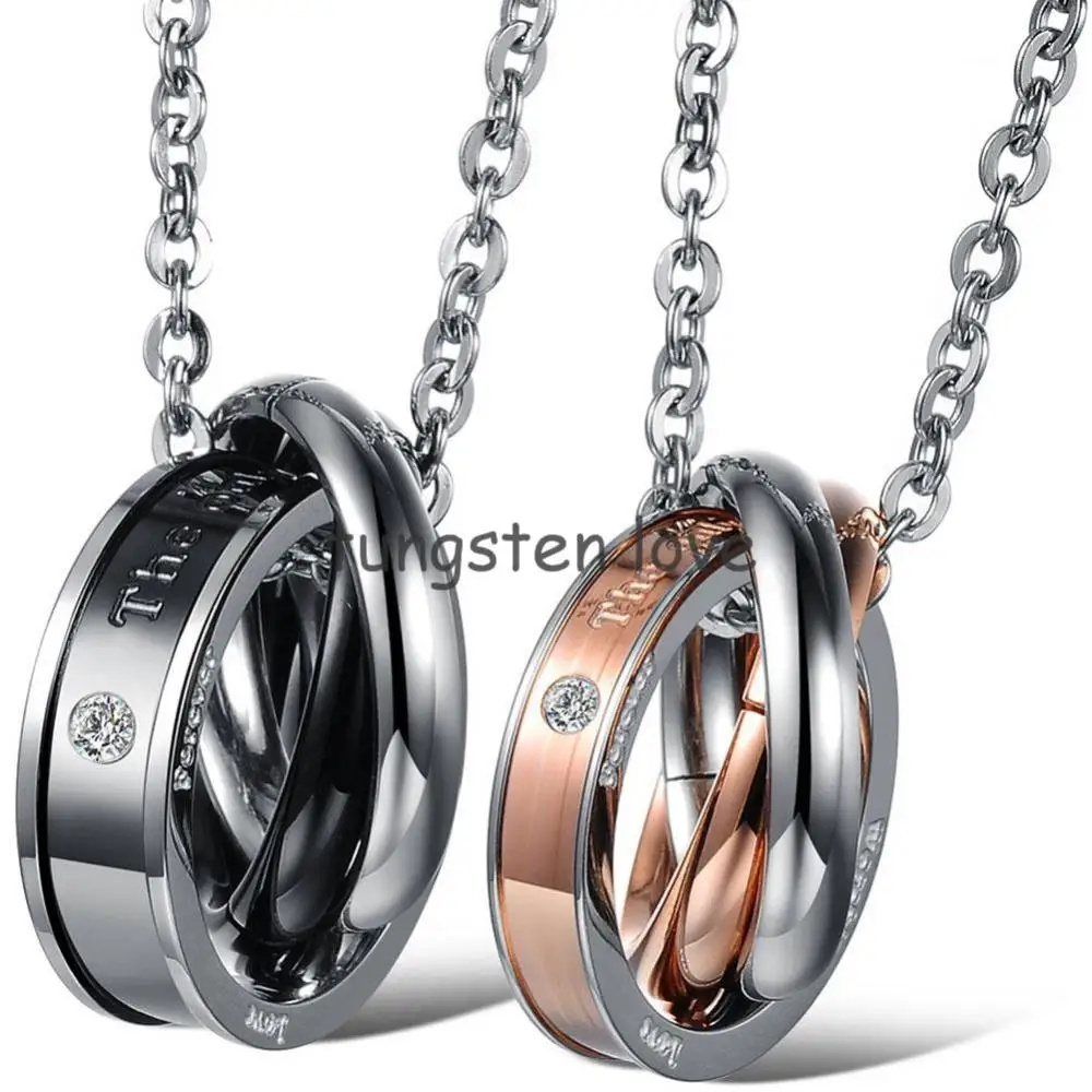 "The only eternal love" Stainless Steel Interlocking Triple Rounds Pendant Necklace for Couple 18"-20", Silver Black & Rose Gold