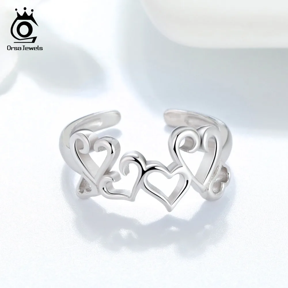 ORSA JEWELS Luxury 925 Real Sterling Silver 10MM Hollowed Sweet Heart Adjustable Ring Love Female Wedding Party Jewelry SR106