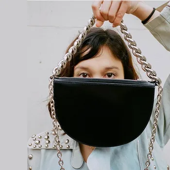 

2019 Spring Summer Elegant Black Double Wide Leather Chain Zipper PU Half Moon Bag Shoulder Messenger Women's Handbags OC701