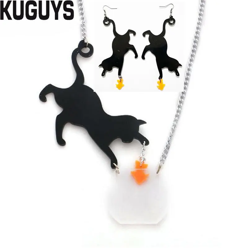 

KUGUYS Trendy Jewelry Sets Black Cat and Goldfish Earrings for Women Fashion Acrylic Pendant Necklace Sweater Chain