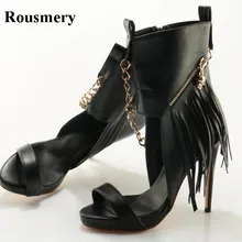 Пикантные модные женские туфли с открытым носком черные кожаные один ремень золотая цепочка Дизайн сапоги-гладиаторы с ремешками вокруг щиколотки Короткие ботинки на высоком каблуке