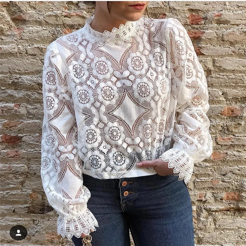 

Women Shirts Lantern Long-sleeved Stand Collar Embroidery Sexy Perspective Lace Blouses Female Work Business Attire Inside Tops