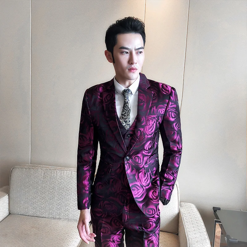 2019 Spring Suit Men 3 Pieces New Design Printed Rose Suit Male Fashionable Tide Casual Suit men Plus size