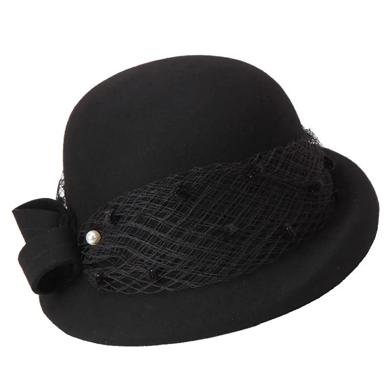 

Winter Wool Dome Fedora Hat Lady Elegant Veil Fashion Warm Cap Women Wide Brim Formal Fedoras Handmade Mesh Gauze Hats B-8907