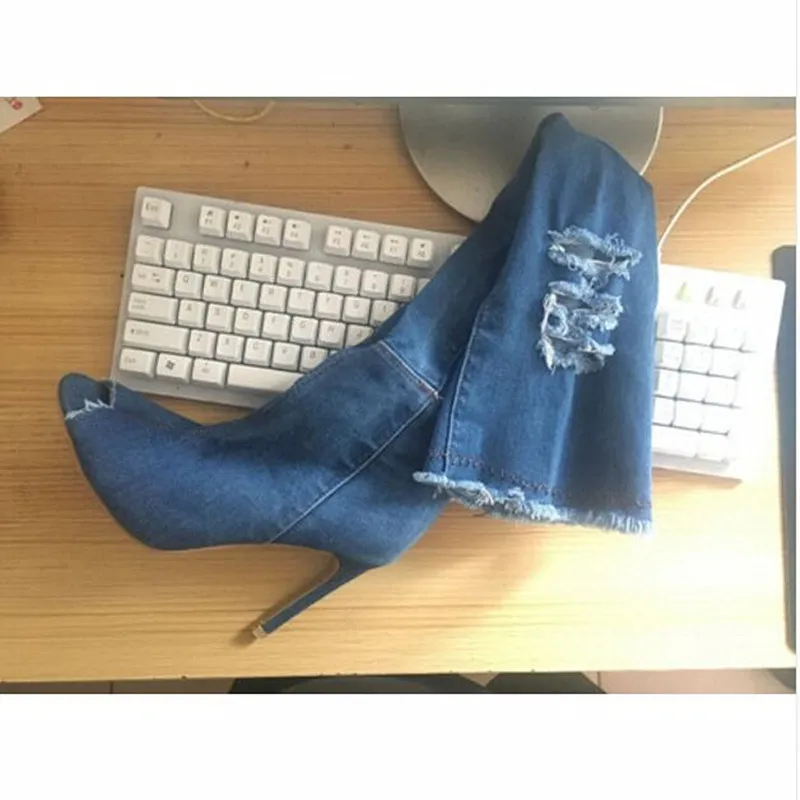 JINJOE High stretch pump Denim Over The Knee Boots Shoes Woman Thigh High heel Ripped Distressed Denim Jeans Open Peep Toe Heels