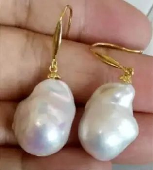 

Huge AAA 19x13mm South Sea White Baroque Pearl Earrings 14K/20 YELLOW GOLD