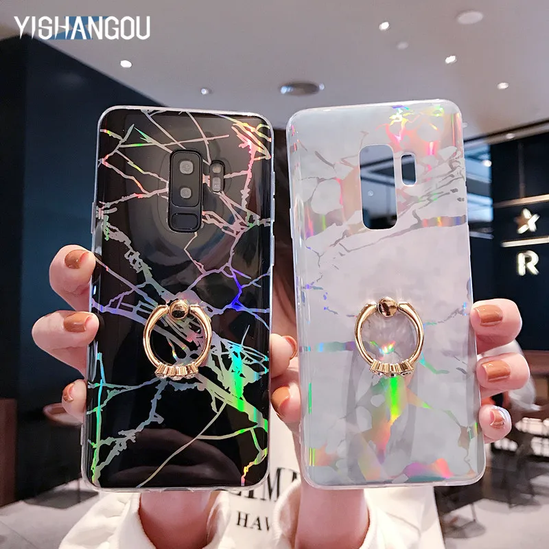 

Luxury Marble Soft Phone Case For Samsung Galaxy S10 Plus S8 S9 S10e Note 8 9 S7 Edge Metal Finger Ring Stand Holder Back Cover