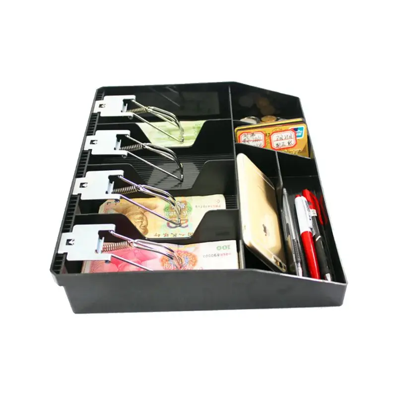 

8 Grids 32x27.5x6cm Height Increase Black Plastic Coin Money Storage Box Bill Cash Tray Organizer With 4 Removable Metal Clips