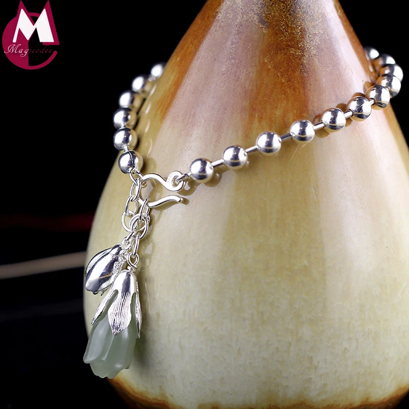 

100% 925 Sterling Silver Bracelets For Women Ethnic Original Design Tulip Flower Natural Jade Bracelets & Bangles Jewelry SB21
