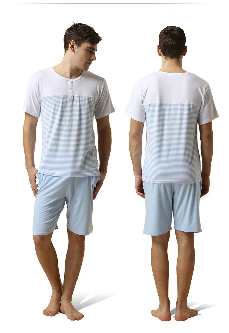 2015 Fashion navy striped clothing set men summer sleepwear boys modal