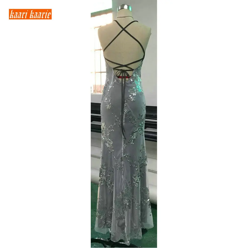 Elegant Silver Formal Dress Mermaid Evening Gowns 2019 Sexy Evening Dresses Long Party Tulle Embroidery Sequined Backless Women