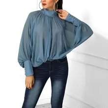 Women's Chiffon Summer Tops Casual Blouses Sweet Solid Color Puff Sleeve Half-high Collar Blouse Bottoming Blue Blouse Women's Chiffon Summer Tops Casual Blouses Sweet Solid Color Puff Sleeve Half-high Collar Blouse Bottoming Blue Blouse