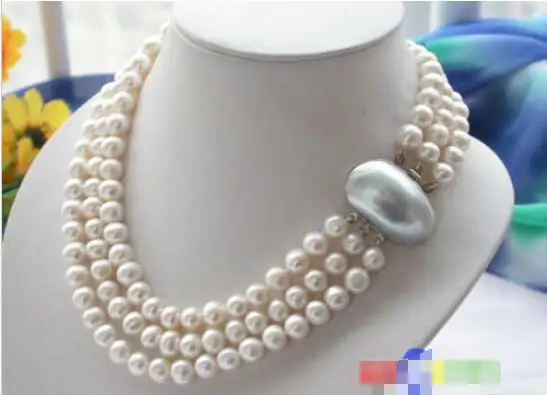 

Hot sale new Style >>>>> 3ROW 10MM WHITE ROUND FRESHWATER CULTURED PEARL NECKLACE