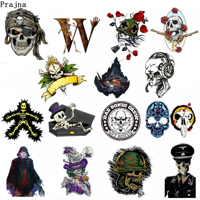 Best Price Prajna Punk Skull Patches Zombie Police Iron On Transfers For Clothing Skeleton Rose Heat Transfer Vinyl Washable Sticker F