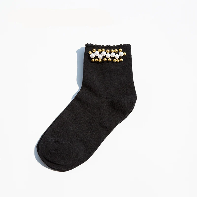 Black/White Korean Reto Pearl Socks Women Elastic Cotton Handmade Meias Creative Socks Harajuku Calcetines Mujer knee socks