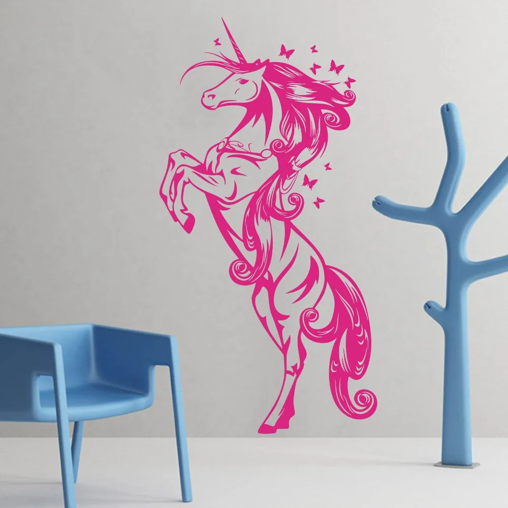 Мультфильм большой единорог лошадь стикер на стену с бабочками детская комната с единорогом, лошадью, животным домашнее животное Наклейка на стену спальня винил