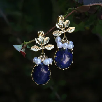 

Designer hand woven Lapis pearl earrings