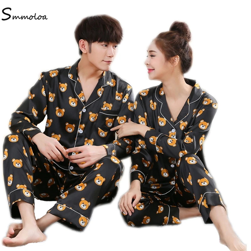 Женская атласная пижама Smmoloa шелковая с медведем и длинными рукавами|silk pajamas set|satin