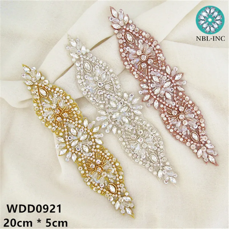 

30pcs Wedding dress embroidered rhinestone appliques iron on beaded crystal applique for wedding dresses sash WDD0921