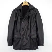 Черная мужская длинная натуральная кожа бушлат размера плюс XXXXL настоящая воловья кожа зимняя русская повседневная кожаная куртка