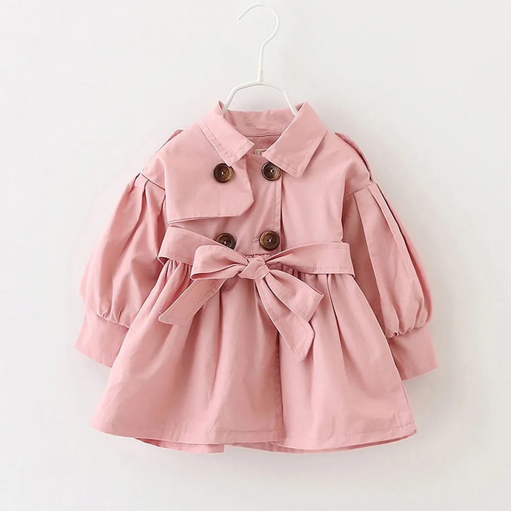 Модная куртка для маленьких девочек, однотонное пальто с поясом для маленьких мальчиков и девочек, 3 цвета, двубортное пальто Верхняя одежда@ 32