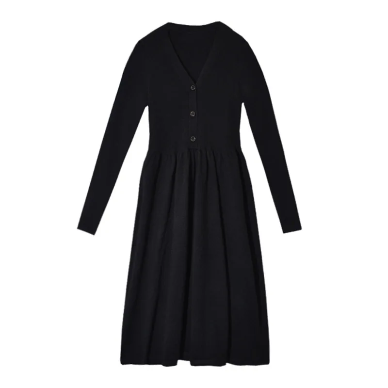

PERHAPS U black grey solid v neck button long sleeve knee length empire knitting dress elegant casual women female D0931 spring
