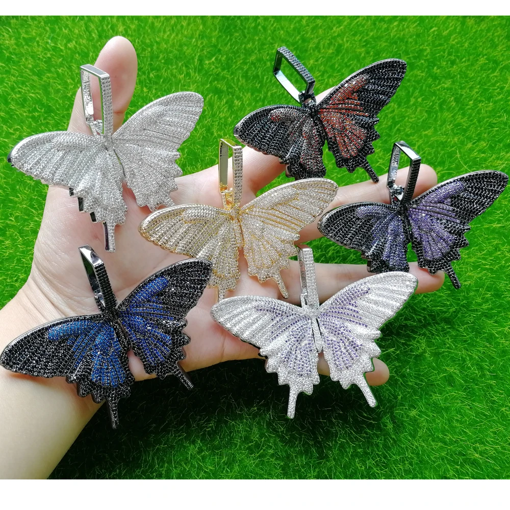 

6 Colors Big Size Heavy Brass CZ Multicolor Butterfly Pendants Men And Women Hip Hop Necklace Jewelry Gift CN119A