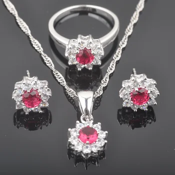 

New Fancy Red Zircon Women's Silver Color Jewelry Sets Earrings/Pendant/Necklace/Rings QZ0330
