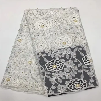 

White color High quality Nigerian lace fabrics for wedding 2018 Latest African french lace fabric with beads and stones F130-1