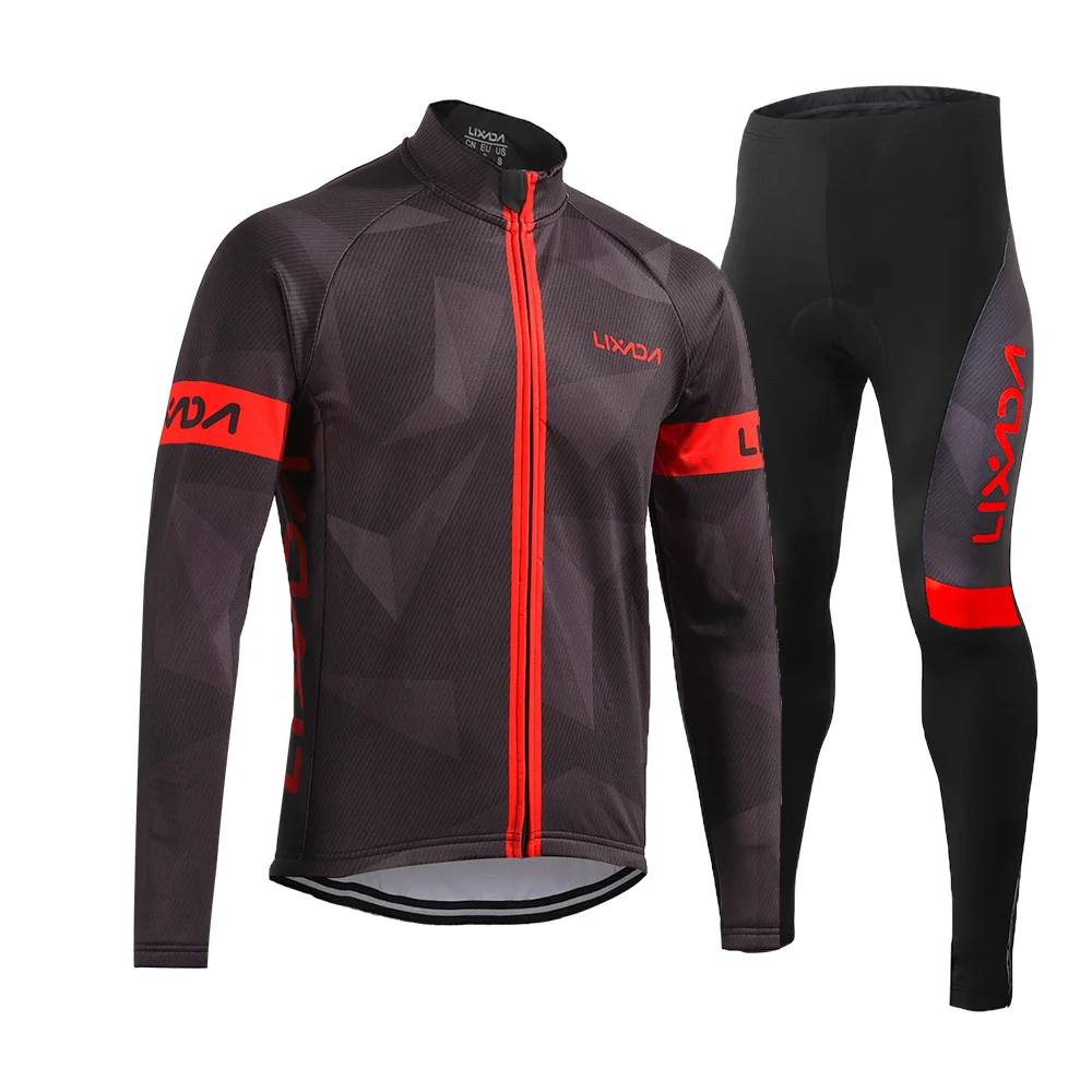

Lixada Men's Winter Thermal Fleece Cycling Clothing Set Long Sleeve Windproof Cycling Jersey Coat with 3D Padded Pants Trousers