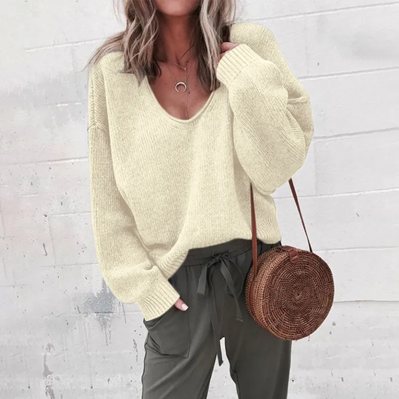 

2019 Autumn Winter Casual Knitted Sweater Women Streetwear V Neck Long Sleeve Pullovers Loose Solid CoatFashion Women's Sweater
