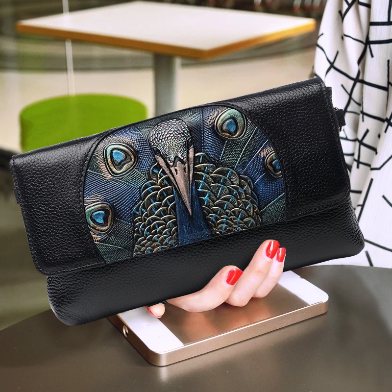 

National Wind Printing Peacock Day Clutches Cowhide Genuine Leather Hand Bag Large Capacity Wristlet chain Envelope Shoulder Bag