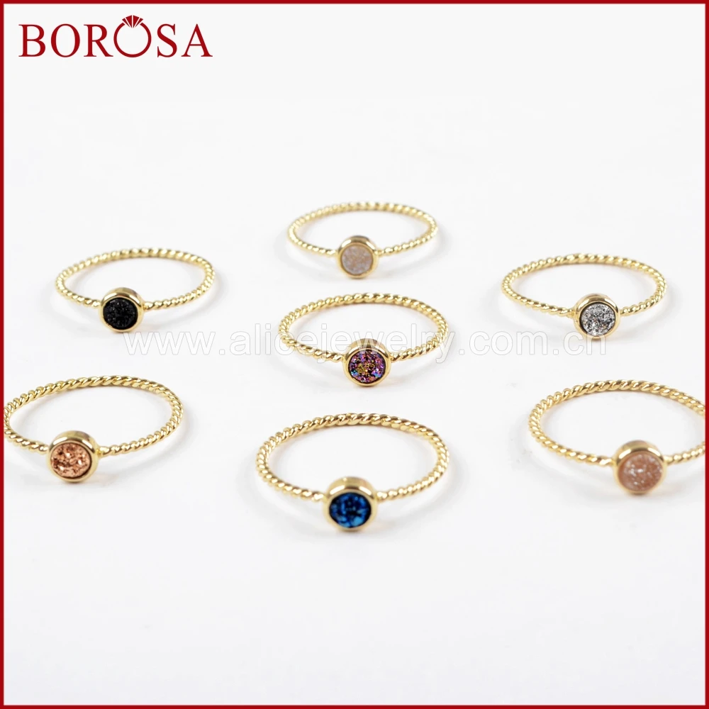 

BOROSA 10PCS Gold Color 4mm Drusy Round Natural Titanium Rainbow Druzy Bezel Ring, Mixed Colors Drusy Ring for Women ZG0284