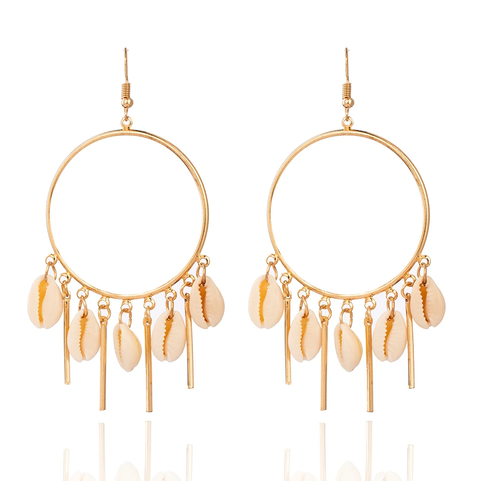 

Vintage Ethnic Golden Silver Circle Round Drop Earrings with Shell for Women Female Party Dangle Earrings Jewelry Accessories