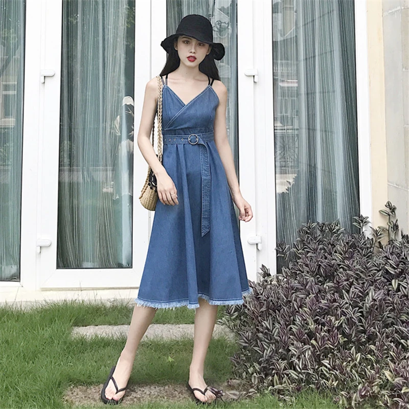 All match loose solid A dress sexy cross long skinny dress sanding large swing denim in Dresses