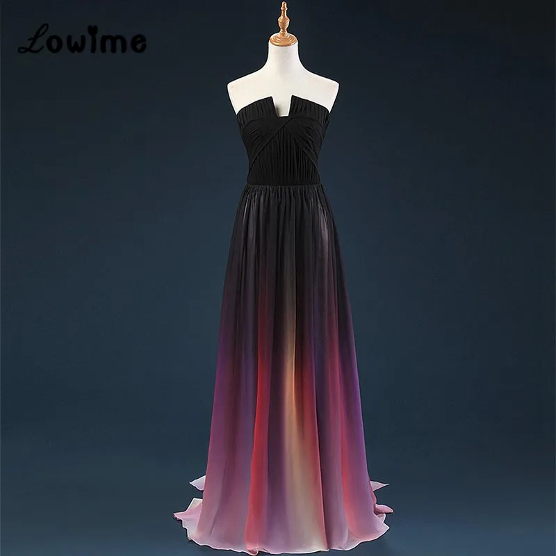 

Real Image Gradient Ombre Party Dress Women Evening Gowns 2017 Long Prom Dresses Strapless Vestido De Festa Cheap Gowns