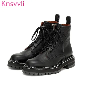 

2019 Classic Genuine leather Ankle Boots For Women Autumn Casual Short Boots Ladies Black Platform Shoes Lace up Martin Boots