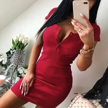 

Women Sexy Button Tights Stretch Hips Mini Slim Round Neck Short Sleeve Solid Color Dress